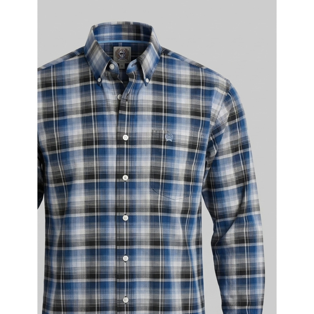 Cinch Mens Plaid Button Down Shirt Blue Gray White Long Sleeve Western Medium